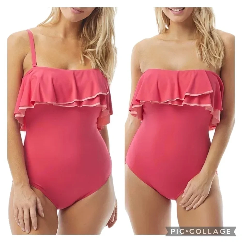 Coco Reef Womens Swim Pink Ruffle Tummy-Control One-Piece Swimsuit - Picture 1 of 14